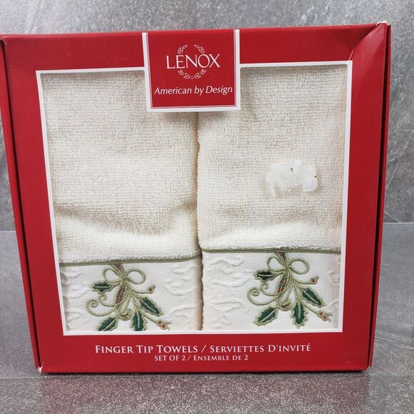 Lenox Christmas Ribbon & Holly 2pc Finger Tip Towel Set Holiday, Xmas Ivory - Picture 1 of 8